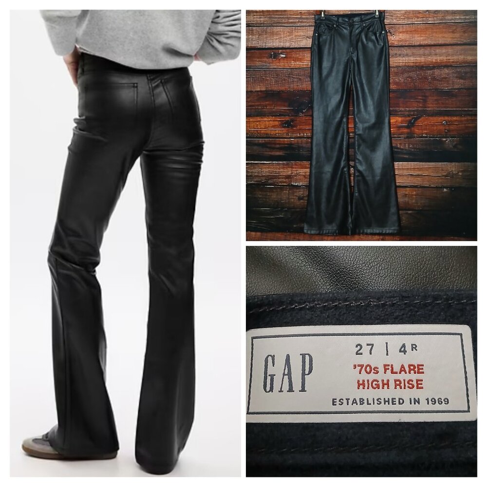 GAP Pants 4 27 High Rise 70s Flare Leg Black Faux Vegan Leather Stretch